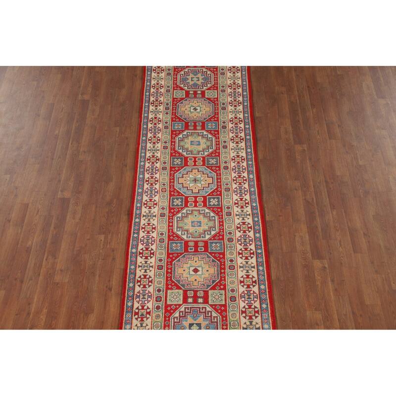 Geometric Kazak Runner Rug Hand-Knotted Oriental Red Wool Carpet - 2'9" x 9'11"