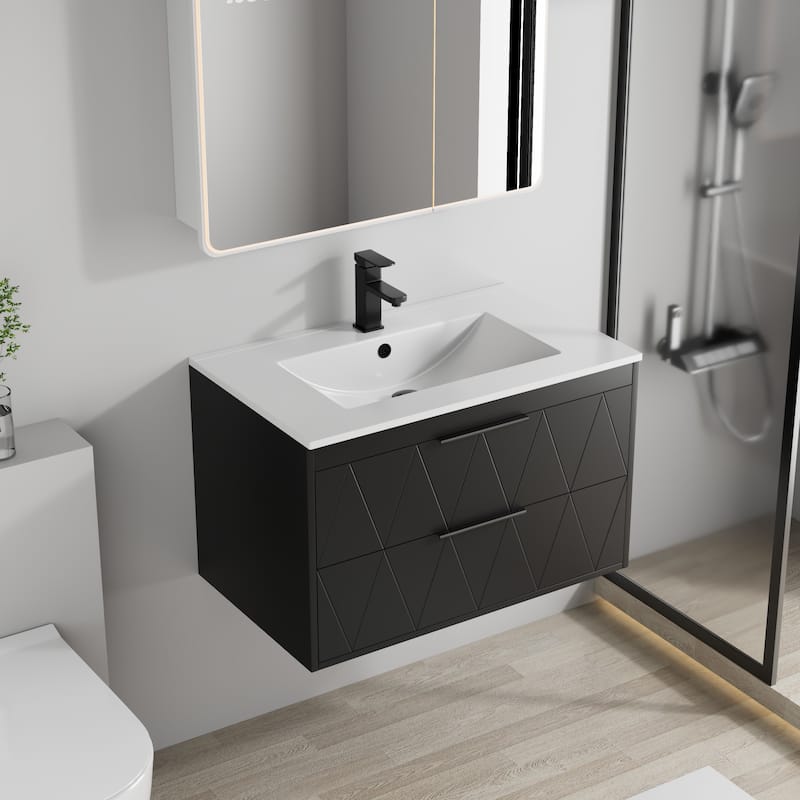 24"/30"/36"/48" Ceramic Vessel Sink Wall Mounted Bathroom Vanity Set - 30" - Black