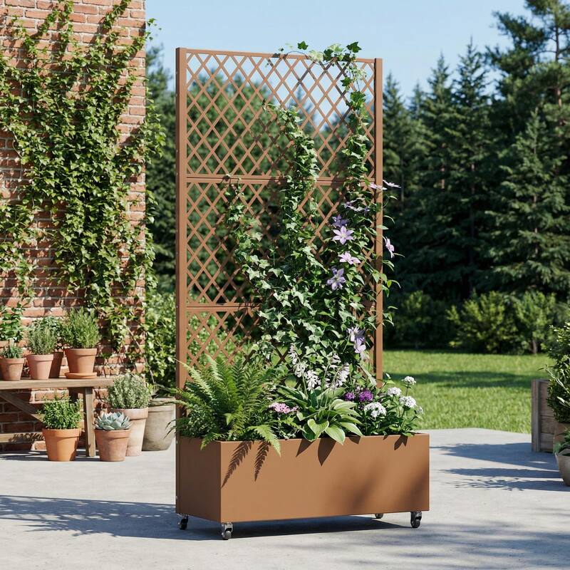 Raised Garden Bed Planter with Trellis Movable Planter Box with Lockable Wheels - Brown - 71*35
