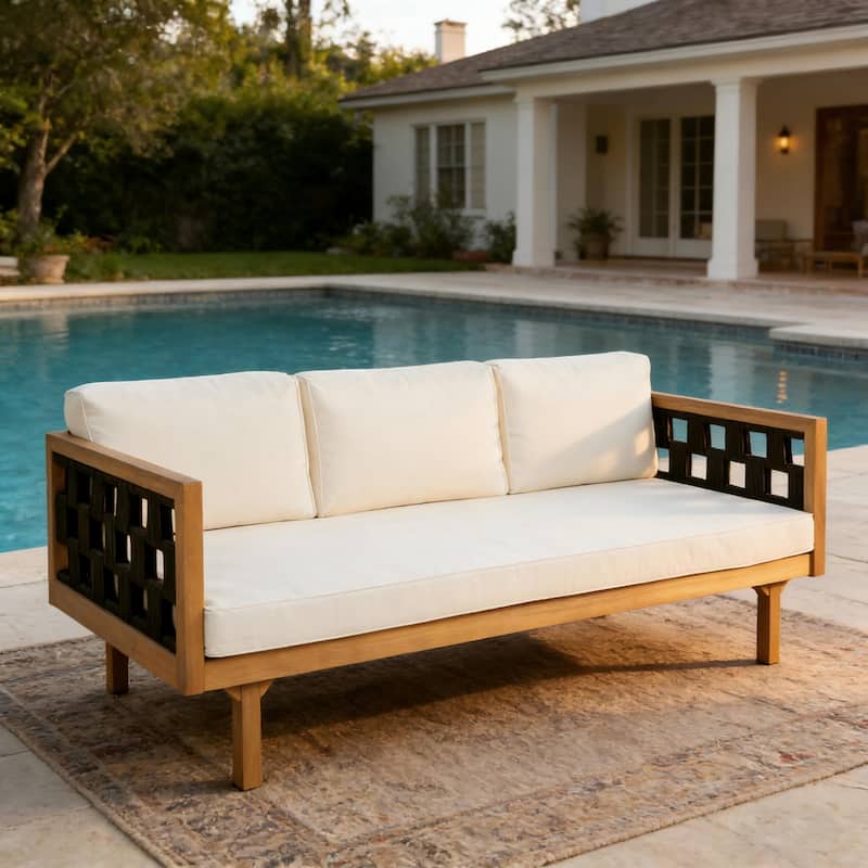 Christopher Knight Home - Modern Outdoor Patio Acacia Wood 3-Seater Daybed Sofa with Cushions, Rope Square Armrest & Teak Finish