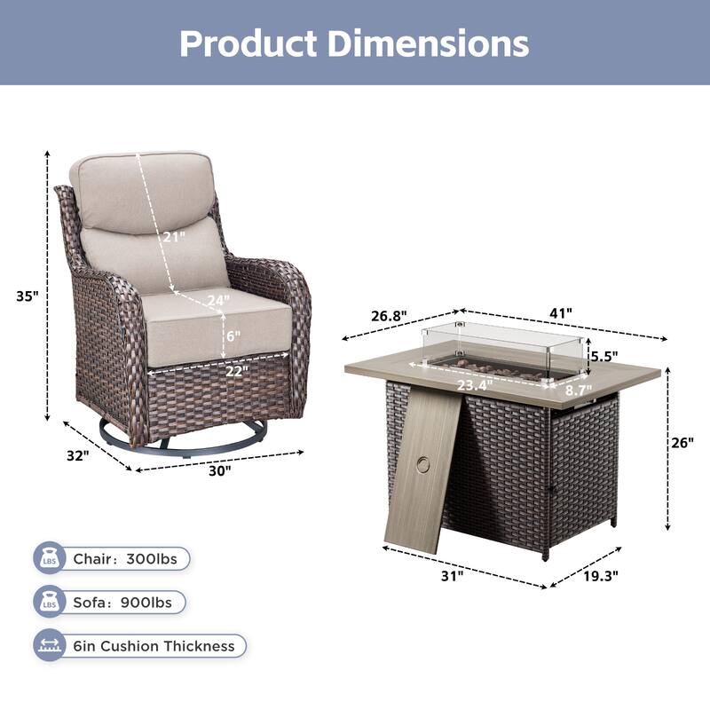 Arcadia 5-Piece Patio Conversation Set with 4 Swivel Glider Chairs and Wicker Fire Pit