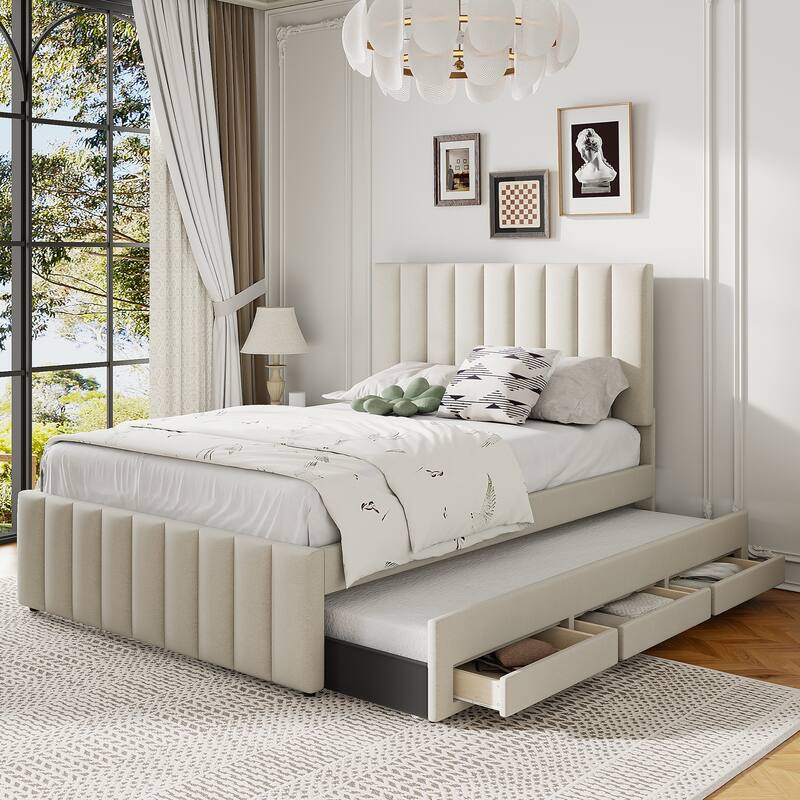 Full Size Upholstered Platform Bed with Trundle And 3 Storage Drawers - Beige