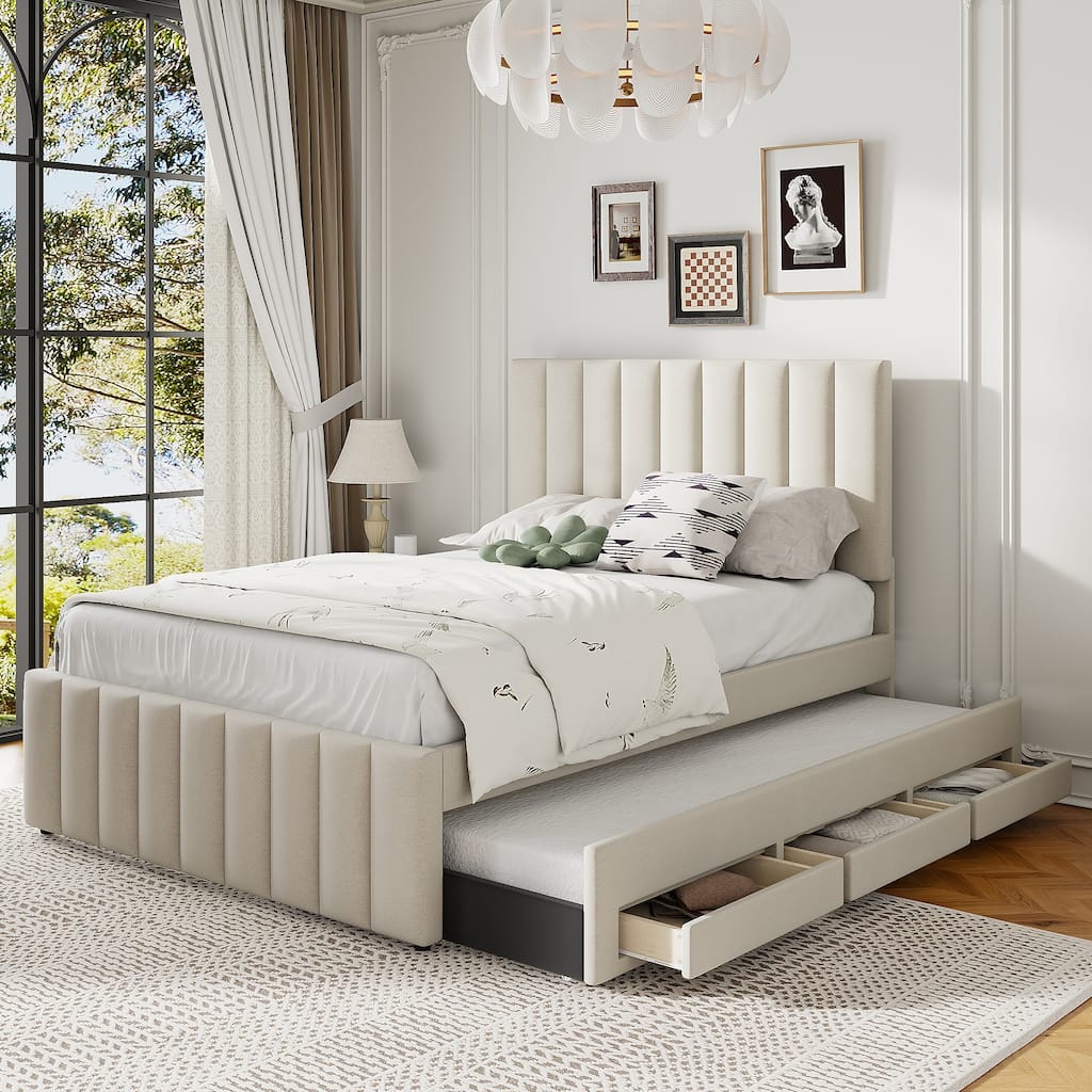 Roomfitters Full Upholstered Platform Bed with Twin Trundle and 3 Storage Drawers, Linen Fabric