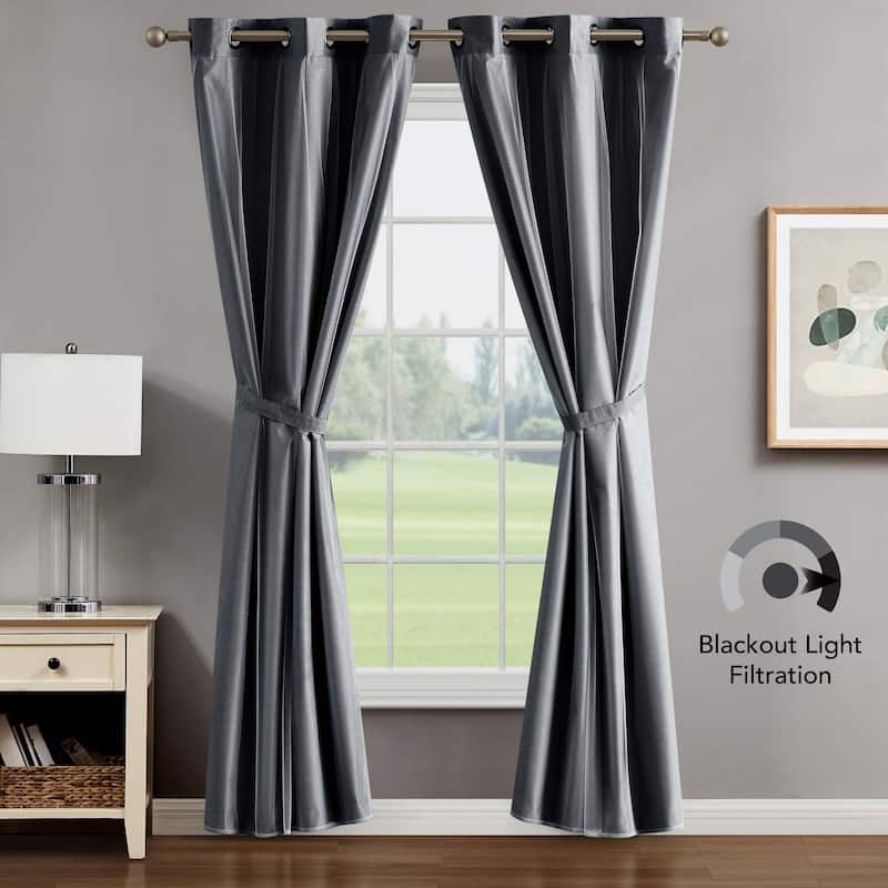 Creative Home Ideas Augusta Faux Silk Blackout with Sheer Overlay Grommet Window Curtain Panel Pair with Tiebacks