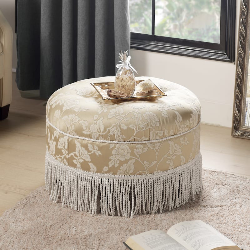 Yolanda 24" Upholstered Round Accent Ottoman - Champagne Beige Floral Jacquard