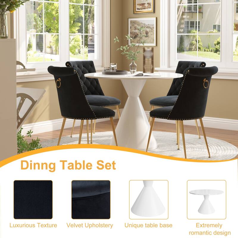 48" Light Luxury White High Gloss Large Countertop Dining Table with Velvet Dining Chair Set