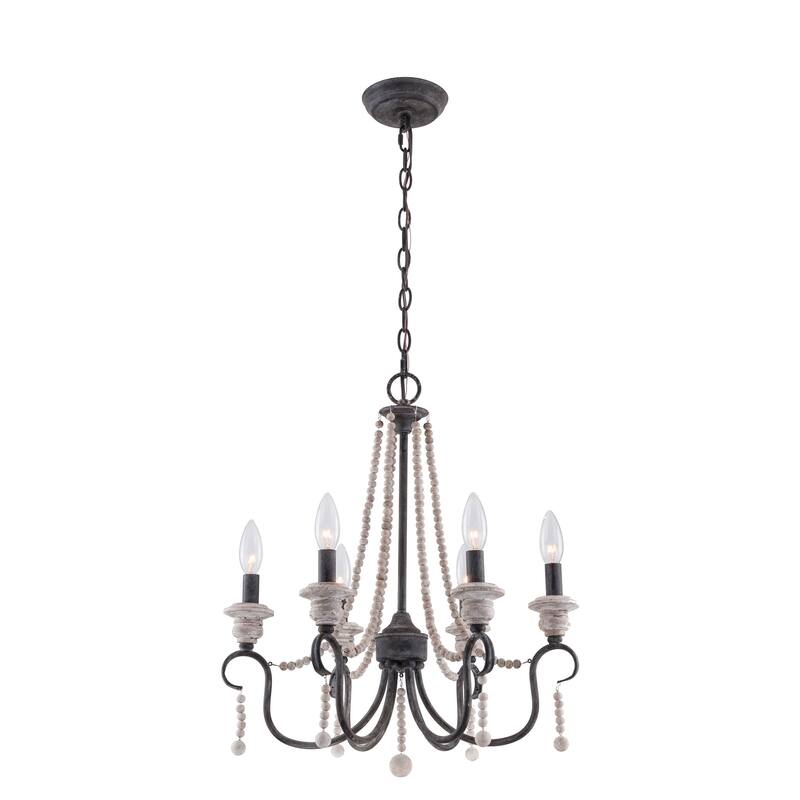 Cusp Barn Modern Farmhouse 6-Light Wood Beaded Chandelier Coastal Pendant Light French Country Candle Ceiling Light for Kitchen