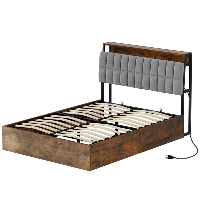 Moasis Lift-Up Storage Bed Frame with Charging Station & Storage Headboard