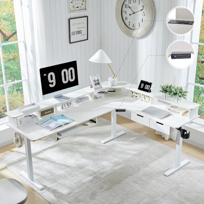 L Shaped Electric Standing Desk,Corner Gaming Desk w/ Charging Station - Antique White