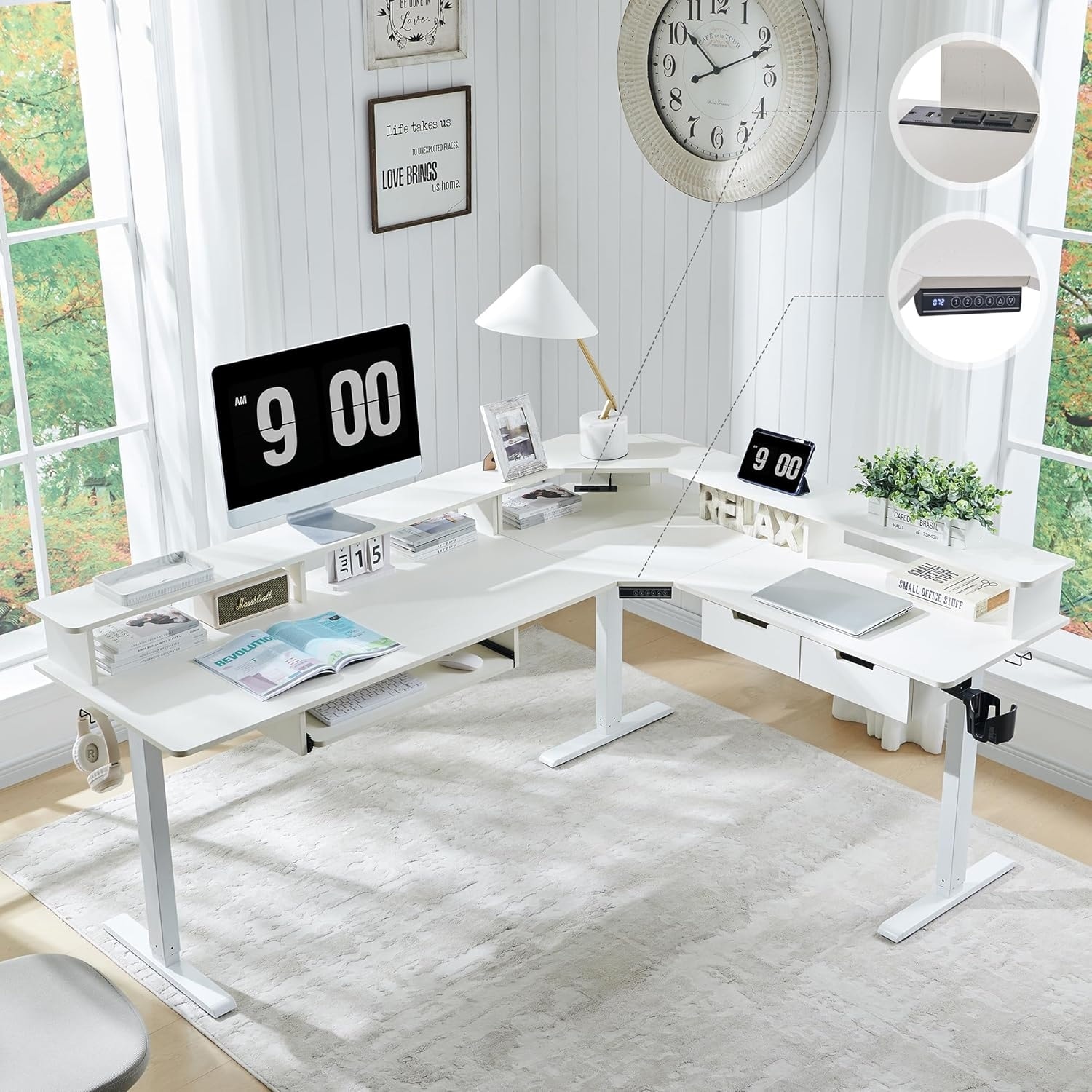 ロートアイアンデスク　ホワイト L Shaped Electric Standing Desk,Corner Gaming Desk w/ Charging