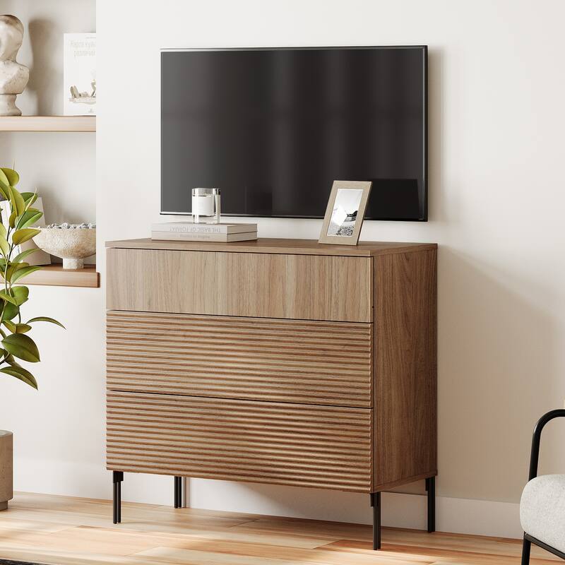 31.5" Reeded Dresser TV Stand, Modern Minimalist Entertainment Center, Wooden TV Console 