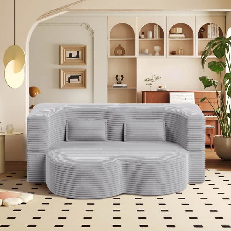 Modern 78" Full Size Convertible Corduroy Foam-Filled Sleeper Sofa,Modern Floor Sofa with 2 Pillows - Light Grey