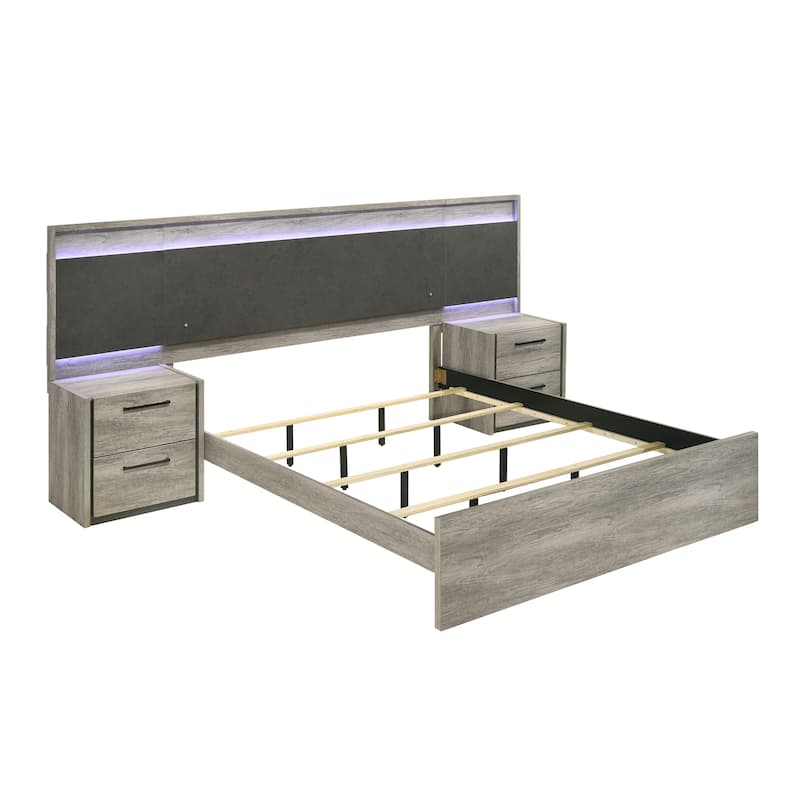Roundhill Furniture Lenca LED Wallbed with Nightstands - Weathered Gray