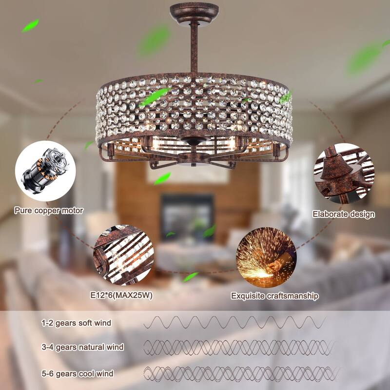 Cusp Barn 26 Inch Farmhouse Cage Crystal Ceiling Fan with Light, Antique Copper Reversible 6-Speed Ceiling Fan Light with Remote