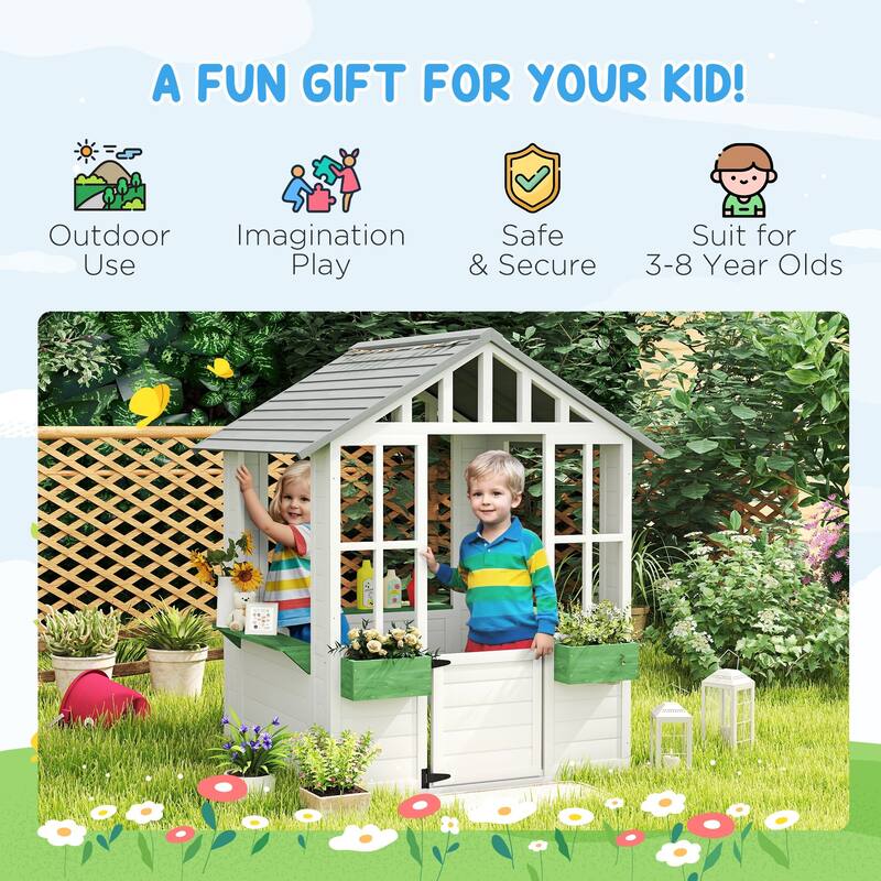 White Wooden Kids Outdoor Playhouse with Windows Serving Station and Flowerpot Holders for Ages 3 to 8