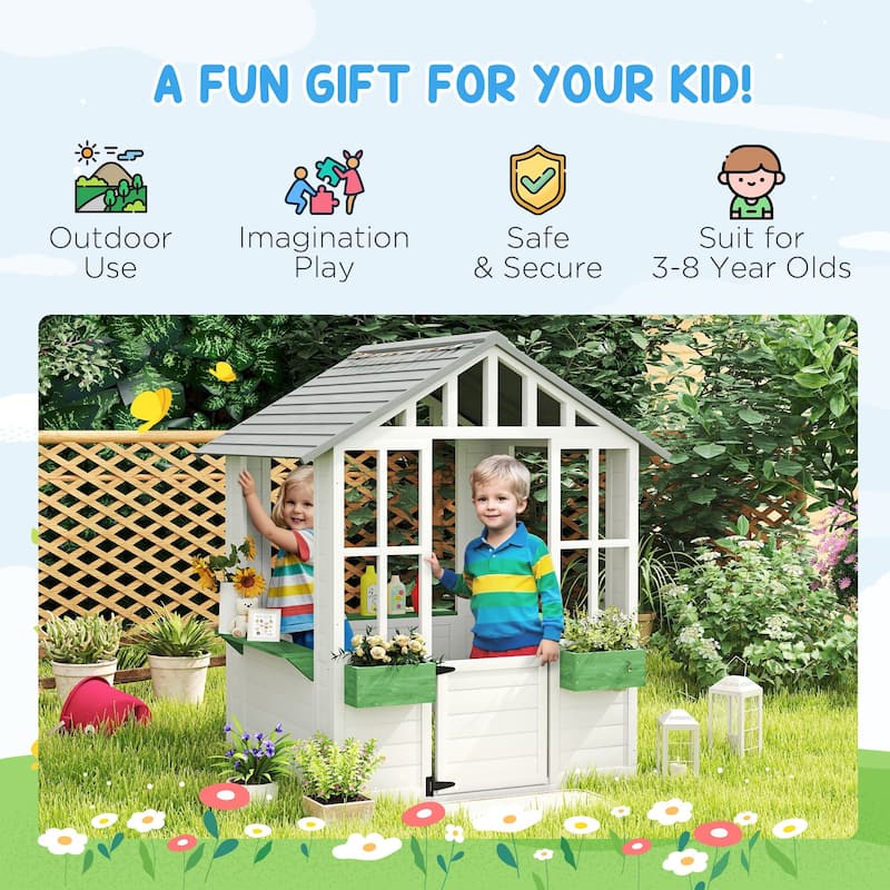 Outsunny Kids Wooden Playhouse, Outdoor Garden Games Cottage, with Working Door, Windows, Flowers Pot Holder, 47" x 38" x 54"