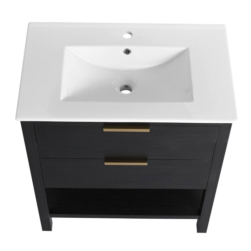 30" Bathroom Vanity with Ceramic Sink, Freestanding, Soft Closing Drawers, 4 Wood Feet, Durable and Water-Resistant