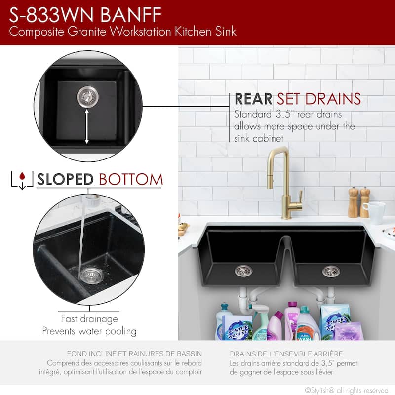 Dual mount 33 inch Black Composite Granite Double Bowl Workstation Kitchen Sink