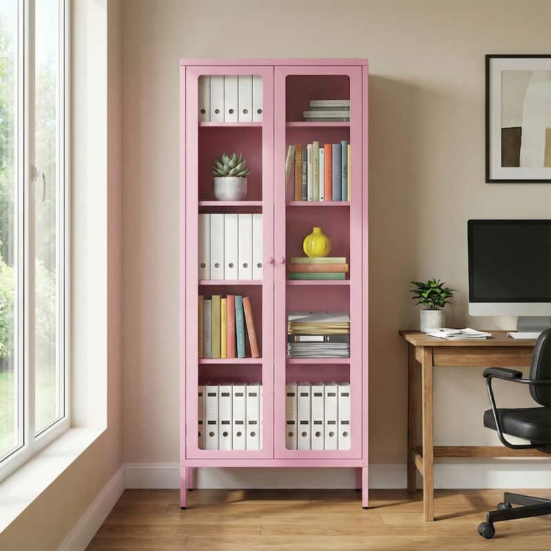 67" Display Curio Glass Metal Storage Cabinet Bookshelves with Glass Doors and 4 Adjustable Shelves - Pink