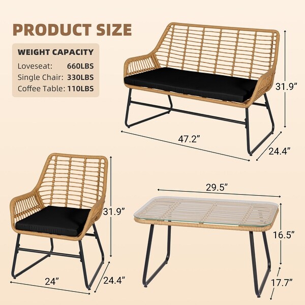 4 Piece Patio Furniture Set, Outdoor Wicker Conversation Set with
