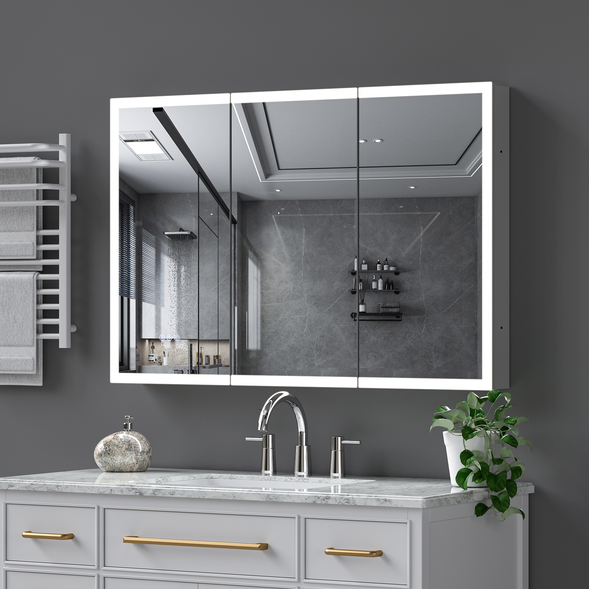 GDFStudio Elowen Aluminum Glass LED Medicine Cabinet with Anti-Fog Storage