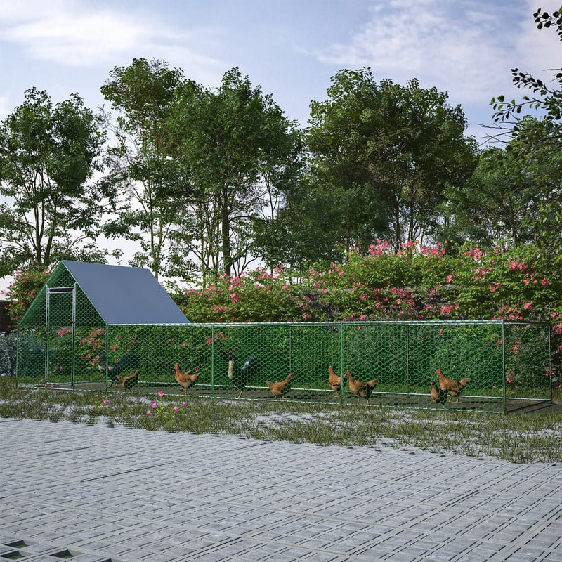 Large Metal Chicken Coop, Walk-in Chicken Run, Galvanized Wire Poultry Chicken Hen Pen Cage， Anti-Ultraviolet Cover - Silver