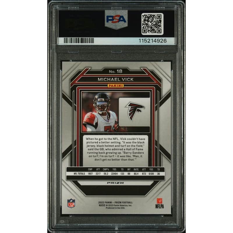 Michael Vick 2022 Panini Prizm Red Signed Football Card #18 Auto Graded PSA 9 Cert # 115214926 - 8' x 11'