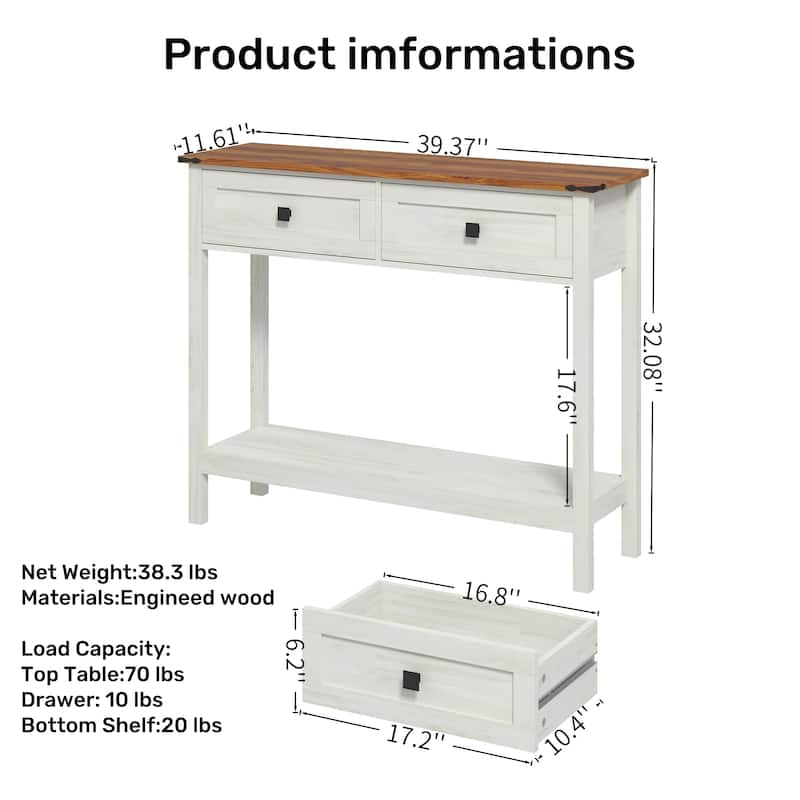 Farmhouse Console Table with 2 Drawers and Bottom Shelf, Rustic Entryway Table for Living Room and Hallway Storage
