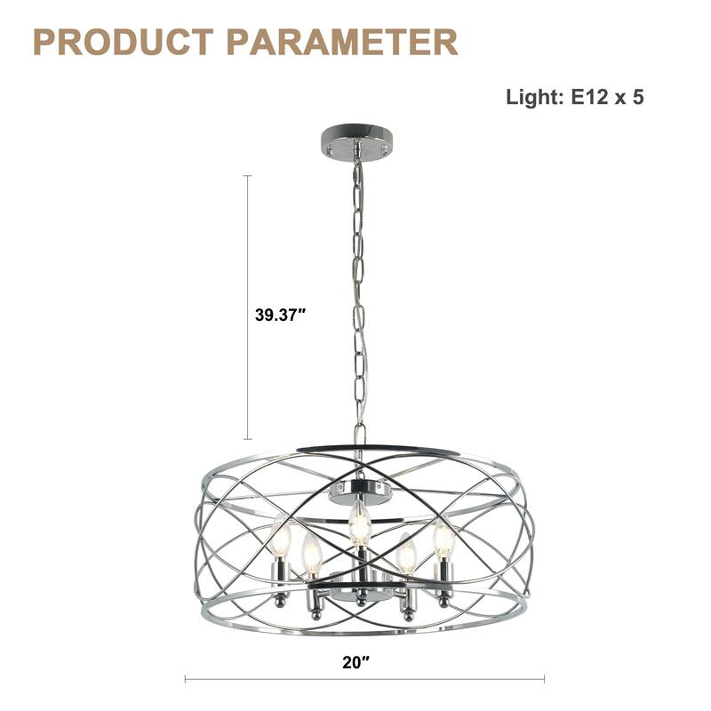 Bella Depot 20" Industrial Black Caged Dimmable Chandelier 5-Light Adjustable Pendant Light for Kitchen Island, Hallway