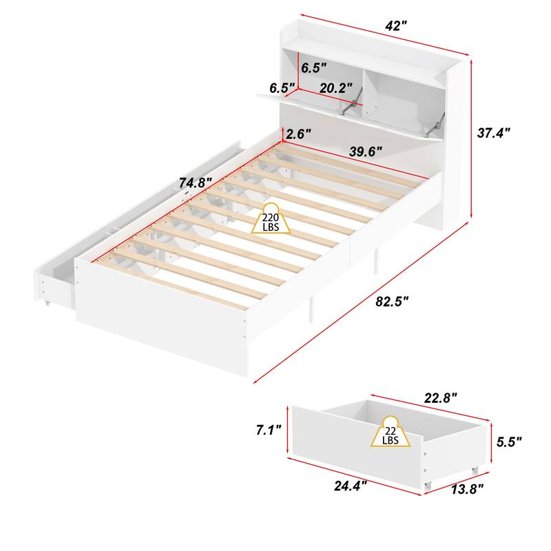 Timechee Twin Bed Frame with 3 Drawers And Hidden Storage Wood Frame