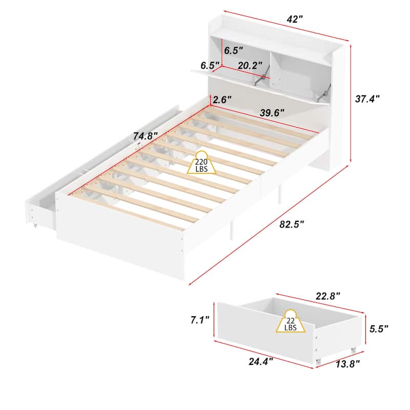 Twin Bed Frame Wood Platform Bed with Storage Drawers and Headboard