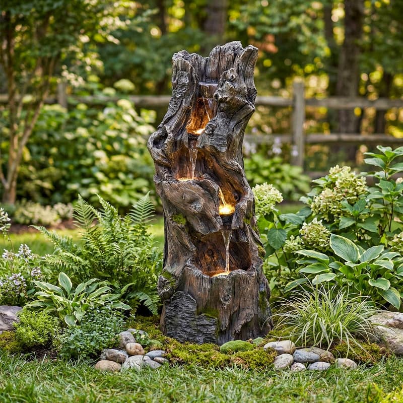 3 Tier Log Look Outdoor Water Fountain with Natural Stream Sound and Lights