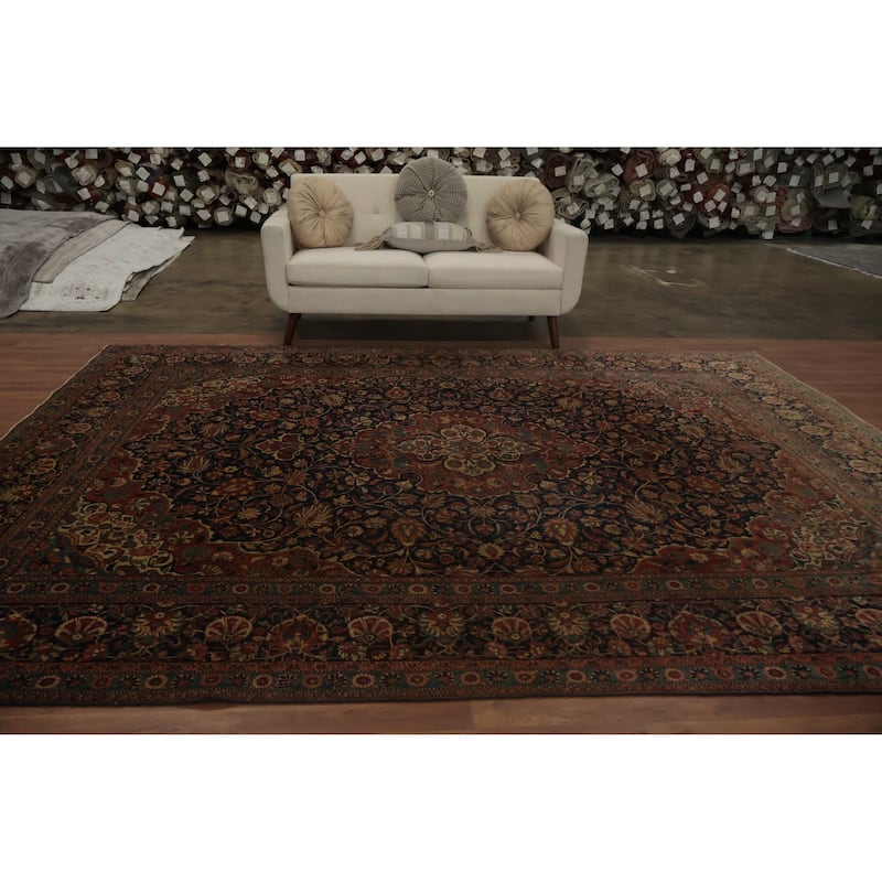 Hand Knotted Oriental 100% Wool Carpet Traditional Floral Navy Blue & Blues Kashan (Dabir) Area Rug - 11' 2'' X 8' 6''