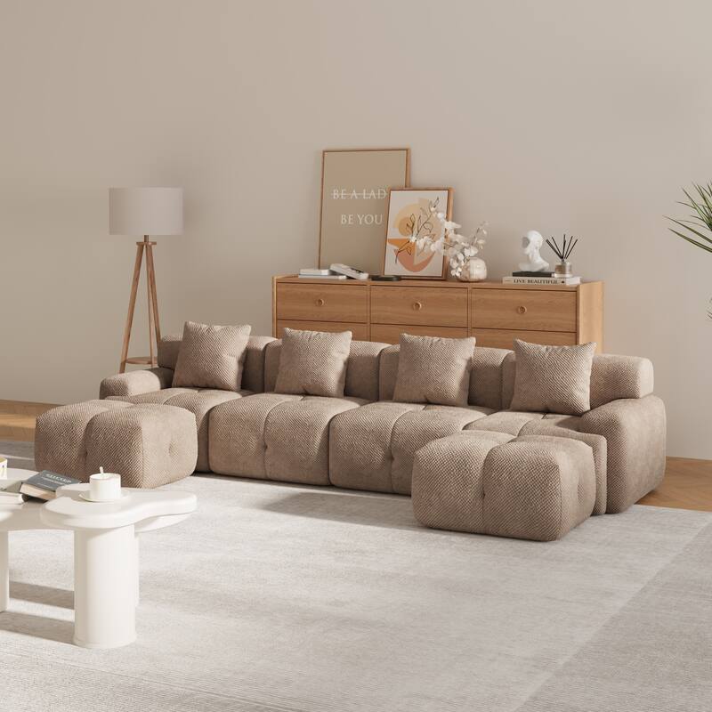 Modular U-Shaped Sectional Sofa, Oversized Boneless Cloud Floor Sofa, Convertible Sleeper Sofa with 2 Ottomans & 4 Pillows - taupe