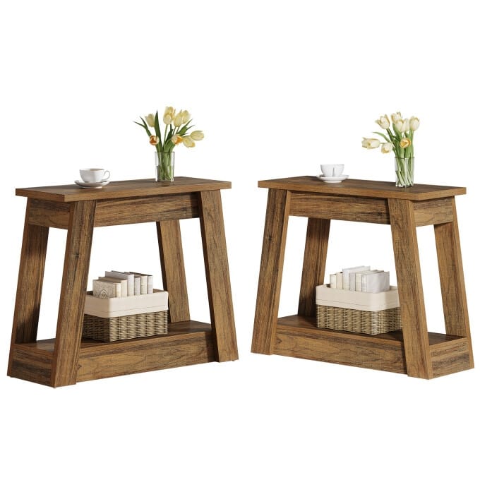 2-Tiers Small End Table, Small Wood Side Table - 2PCS - Brown