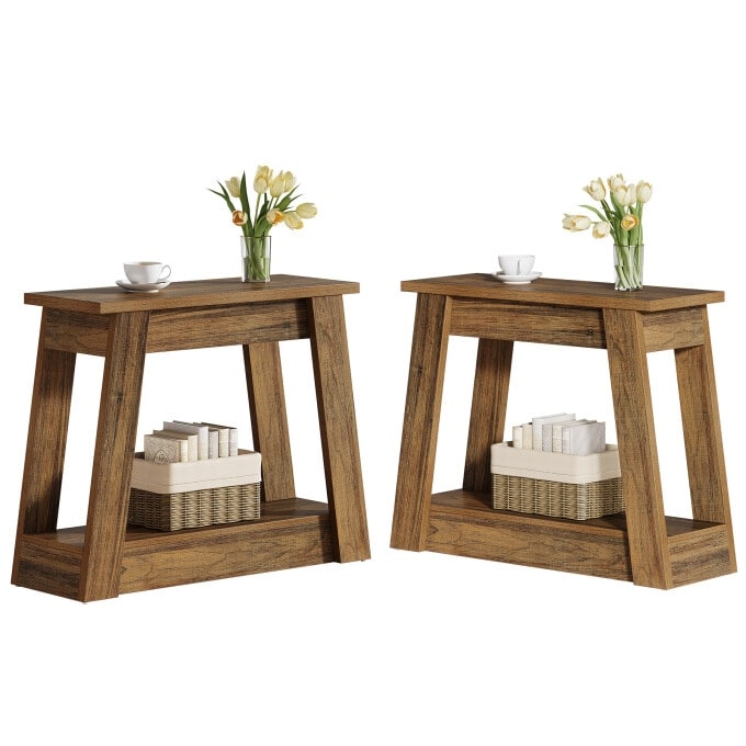 2-Tiers Small End Table, Small Wood Side Table