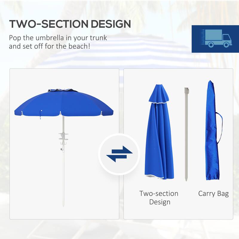 5.7' Portable Beach Umbrella with Tilt, Adjustable Height, 2 Cup Holders & Hooks, UV 40+ Ruffled Outdoor Umbrella