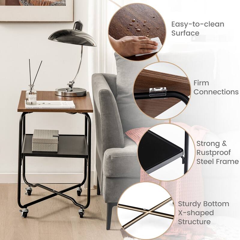 Gymax 2-Tier Folding Rolling Cart Kitchen Utility Cart Tool-Free