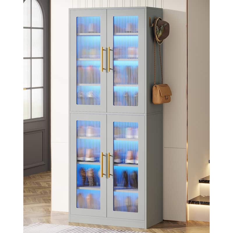 Modern Tall Entryway Shoe Storage Cabinet with Acrylic Doors and LED Light - 8-Tier