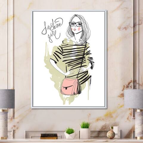 Designart "Trendy Fashion Girl" Shabby Chic Framed Canvas Wall Art Print
