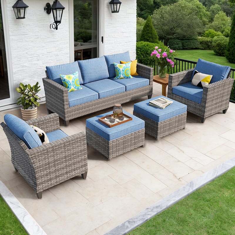 OVIOS 5-Piece Outdoor Wicker Patio Conversation Set - Denim Blue
