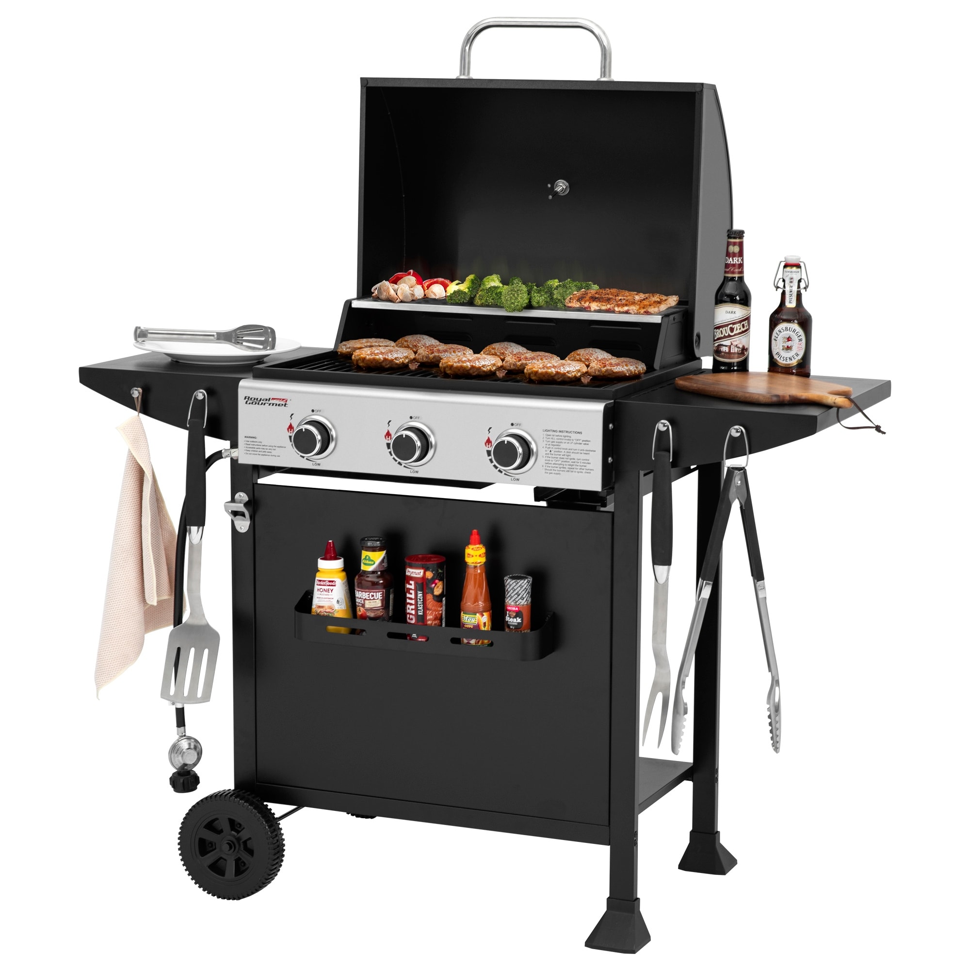 Royal Gourmet 3-Burner Gas Grill with Front Spice Rack, Two Side Shelves and Hooks, 30,000 BTU