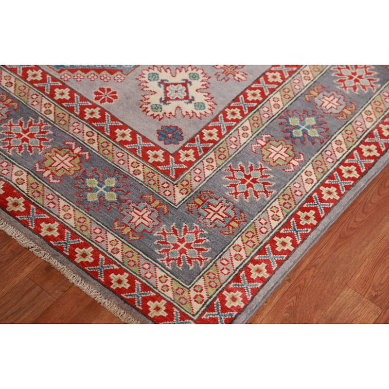 Hand Knotted Oriental 100% Wool Carpet Traditional Geometric Greys & Charcoal Kazak Area Rug - 9' 9'' X 8' 2''