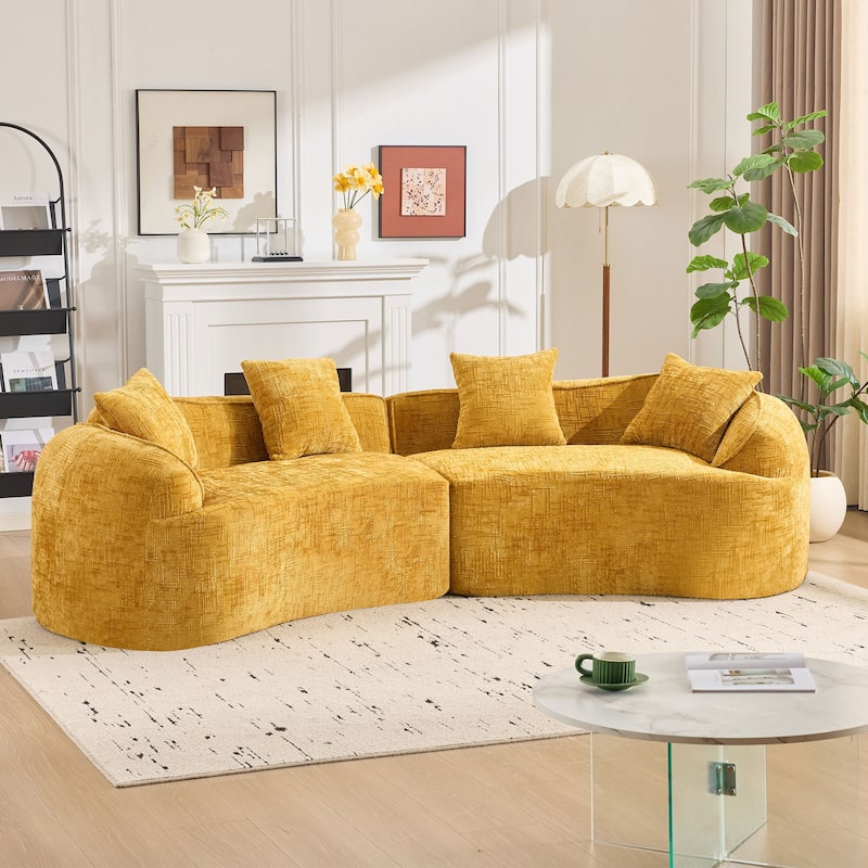 Curved Sectional Sofa with Pillows, Chenille Upholstered 4 Seater Sofa, Full-Compressed Deep Seat Sofa for Living Room