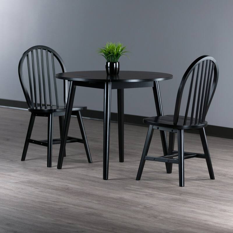 Moreno 3-Pc Drop Leaf Dining Table with Windsor Chairs, Black