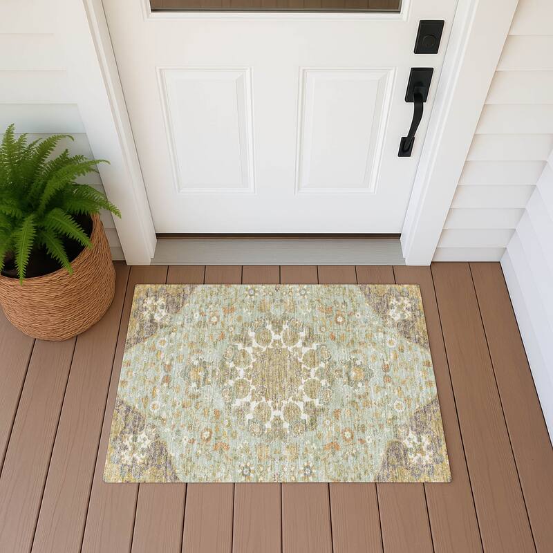 Machine Washable Indoor/ Outdoor Global Eckley Chantille Rug - Celery - 1'8" x 2'6"