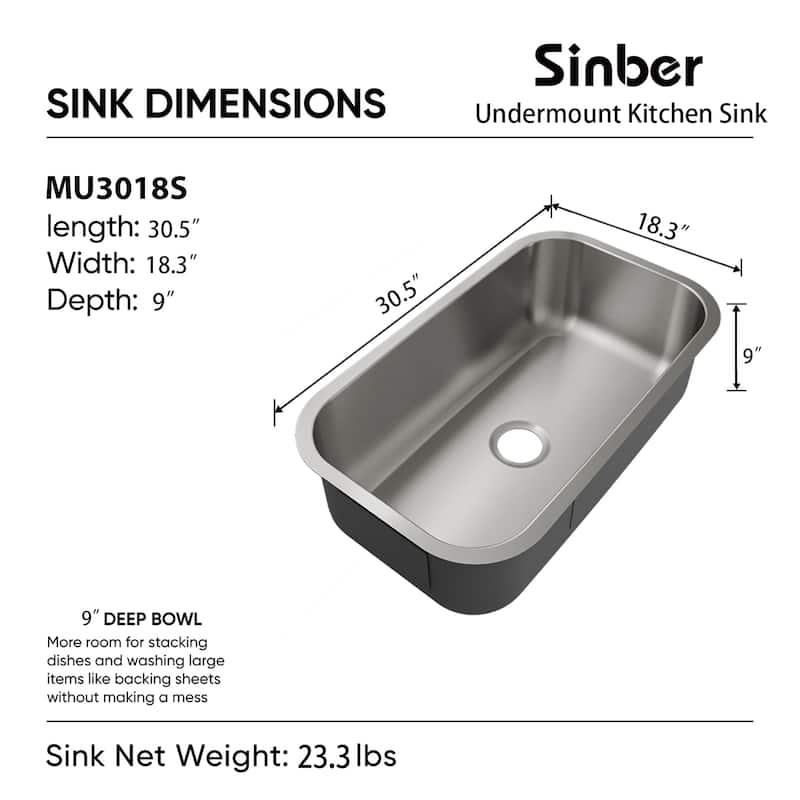 Sinber Undermount Single Bowl 304 Stainless Steel Kitchen Sink