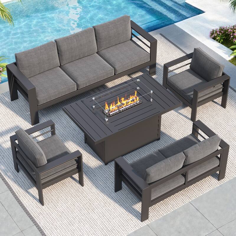 5 Pcs Patio Conversation Set with Propane Firepit - Grey