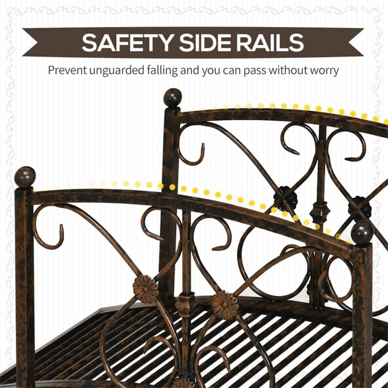 Vintage Style Curved Steel Garden Bridge with Decorative Side Rails for Ponds Walkways and Gardens Rust Brown