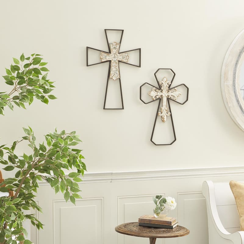 Metal Cross Carved Wood Wall Decor - Set of 2 Black - Roche River Decor